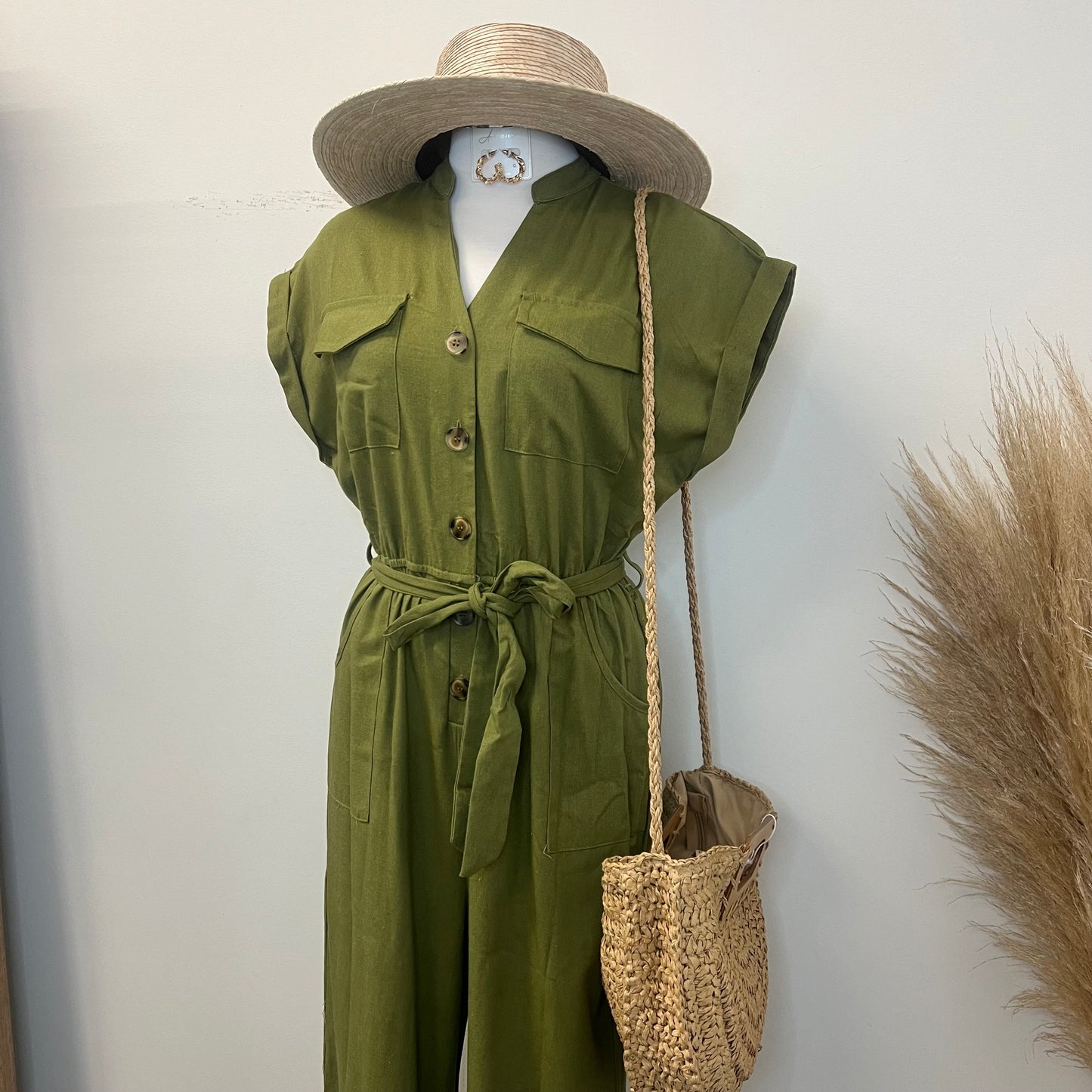 Blanca Linen Jumpsuit-Olive