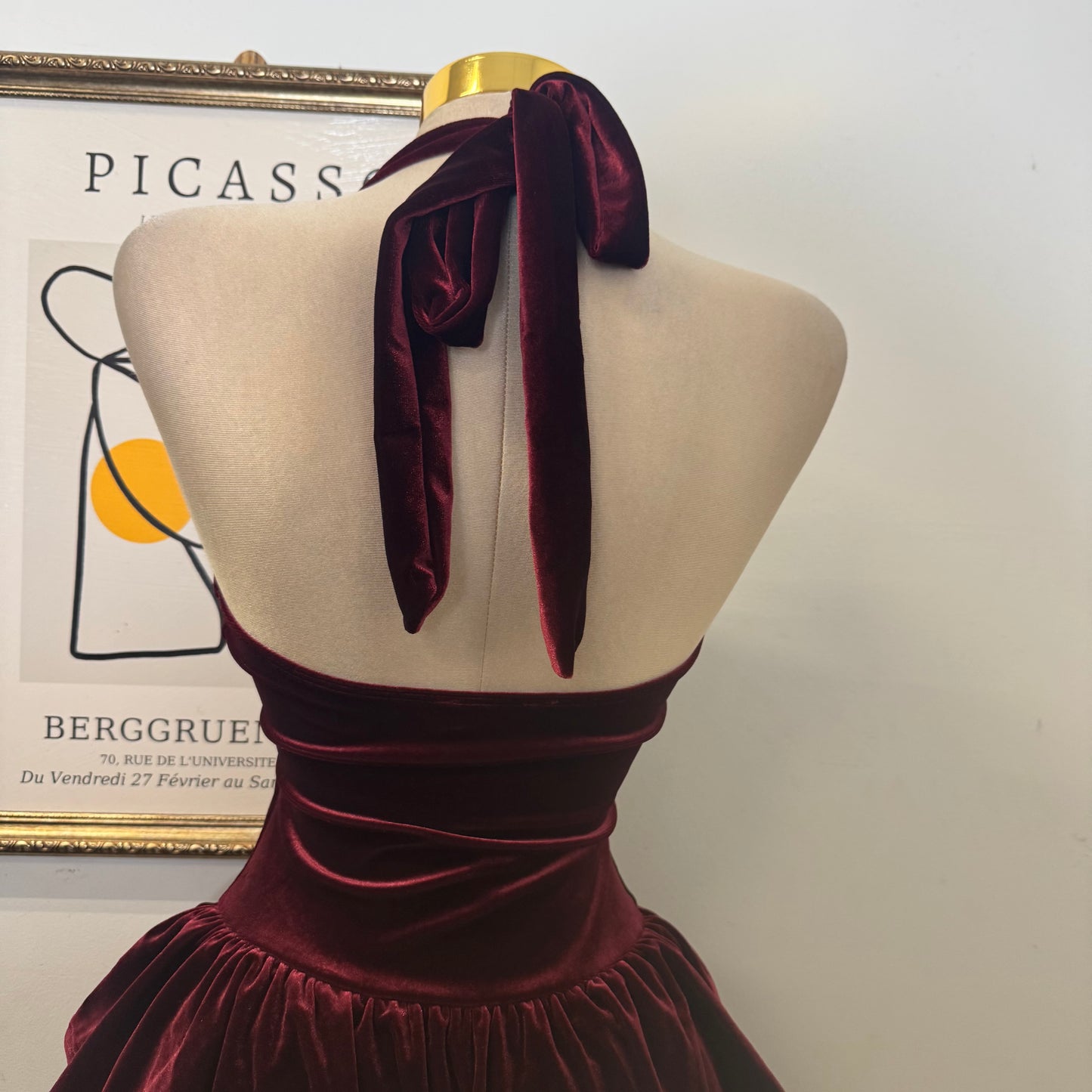 Velvet Halter Double Layer Fit and Flare Dress-Burgundy