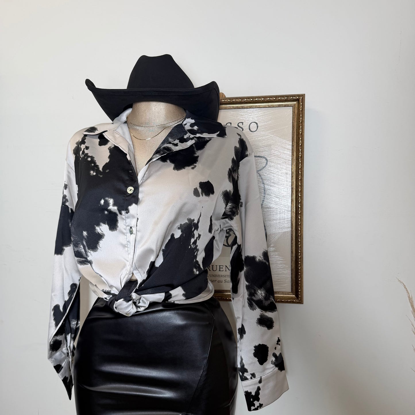 Cow Print Satin Button Down Long sleeve Shirt-Black