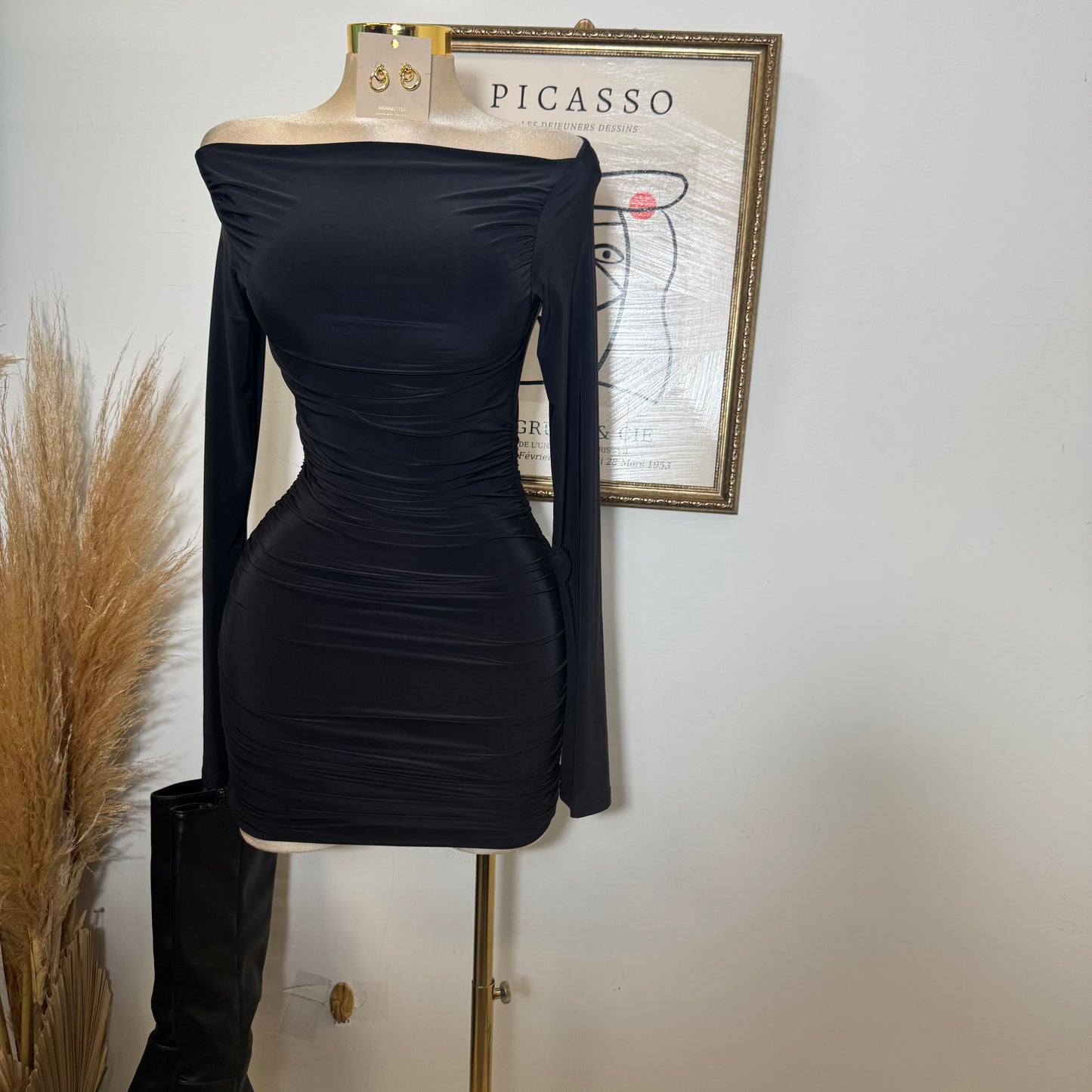 Long Bell Sleeve Boat Neckline Mini Dress-Black