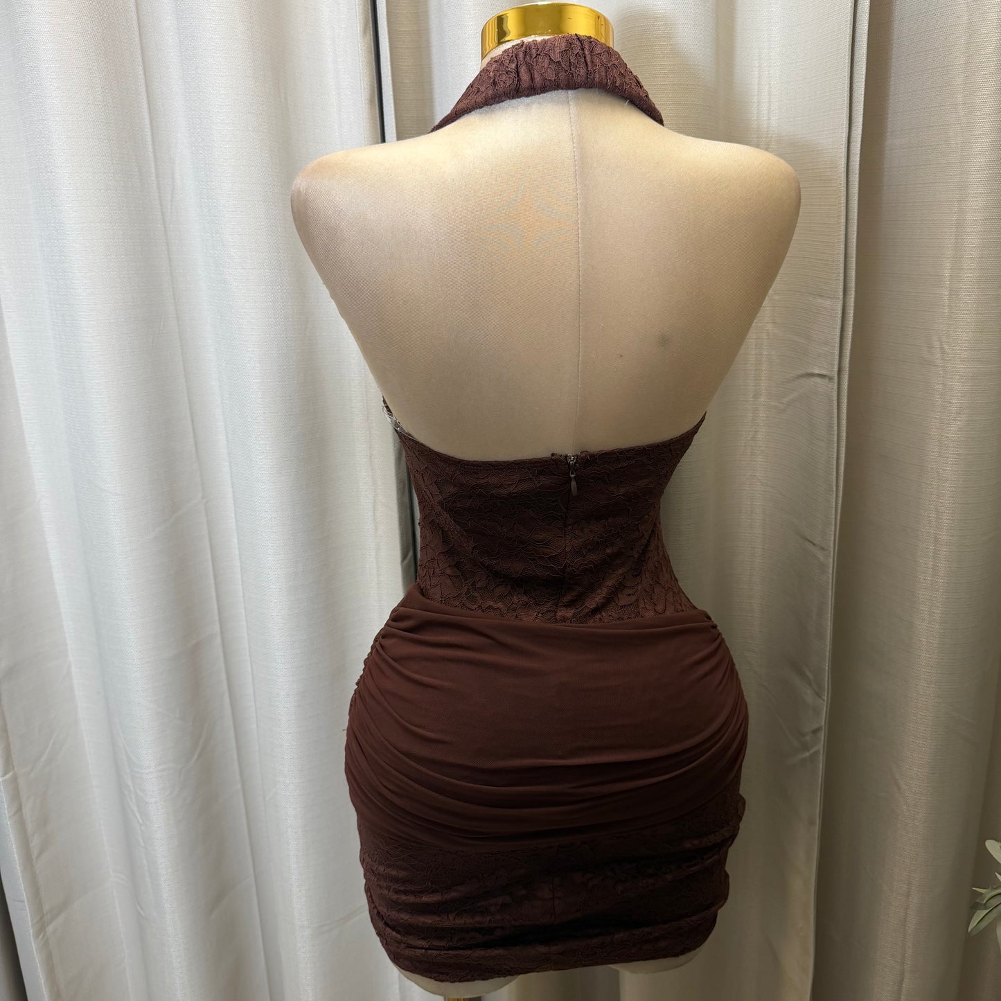 Halter Lace Gold Detail Mini Dress-Brown