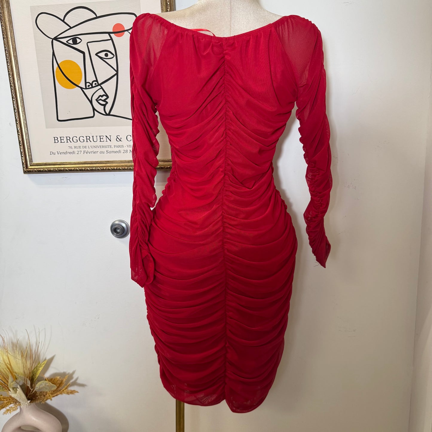 Ruched Off Shoulder Mesh Dress-Red