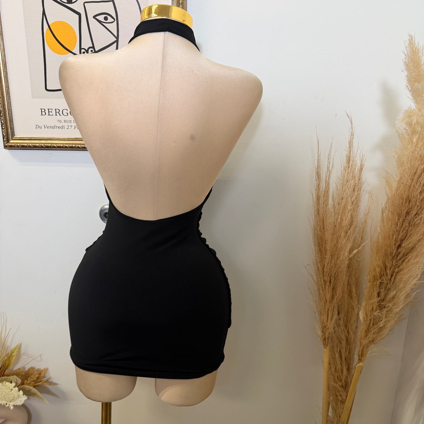 Halter Drape Trim Detail Mini Dress-Black