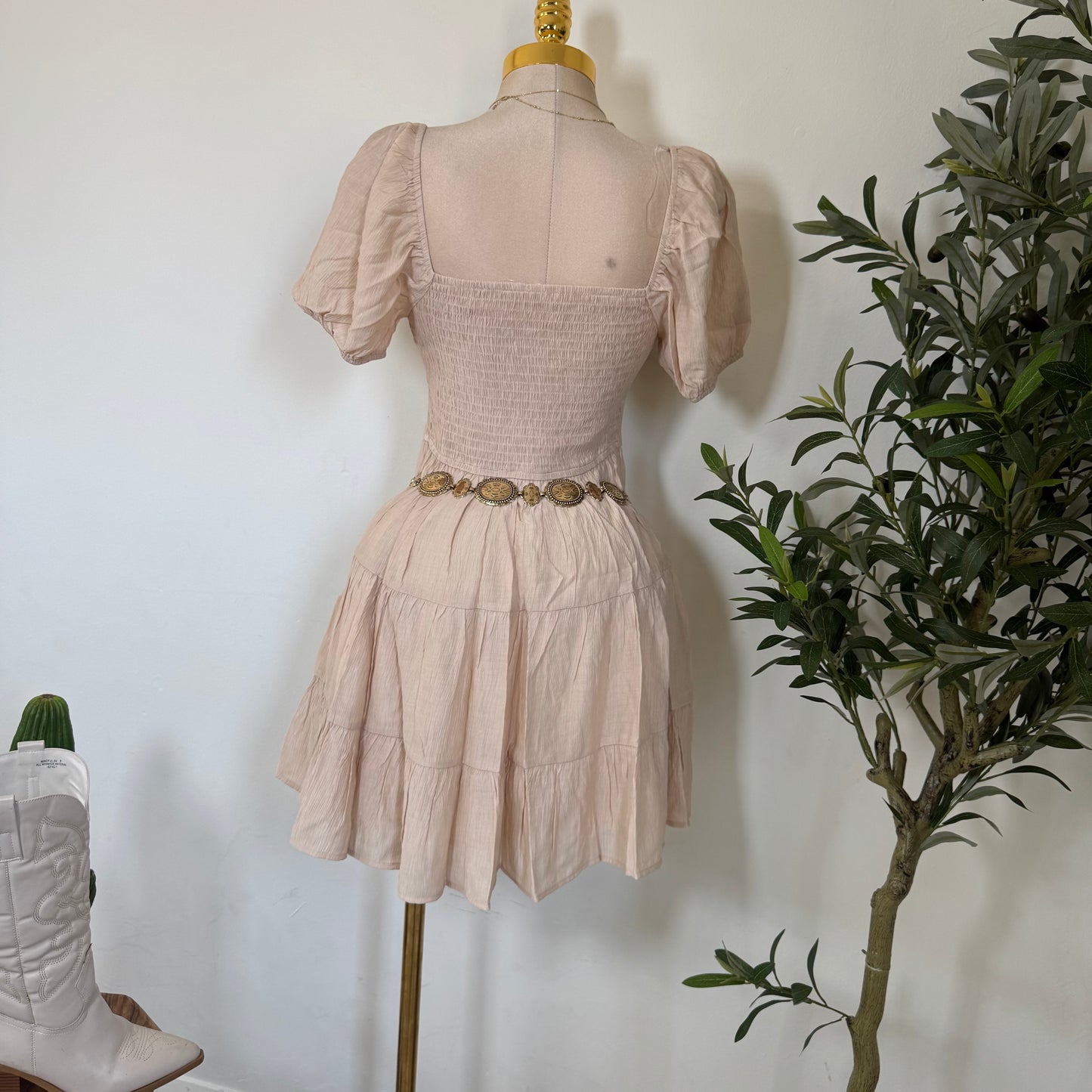 Puff Sleeve Tiered Mini Dress-Cream