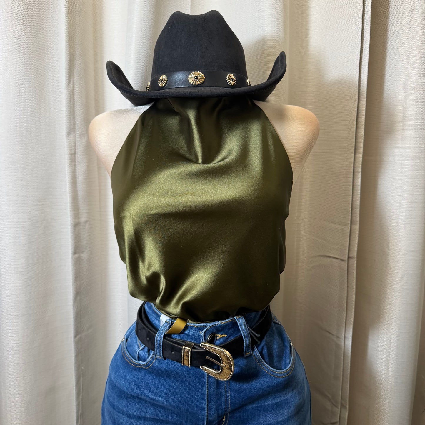 Satin Halter Top-Olive Green