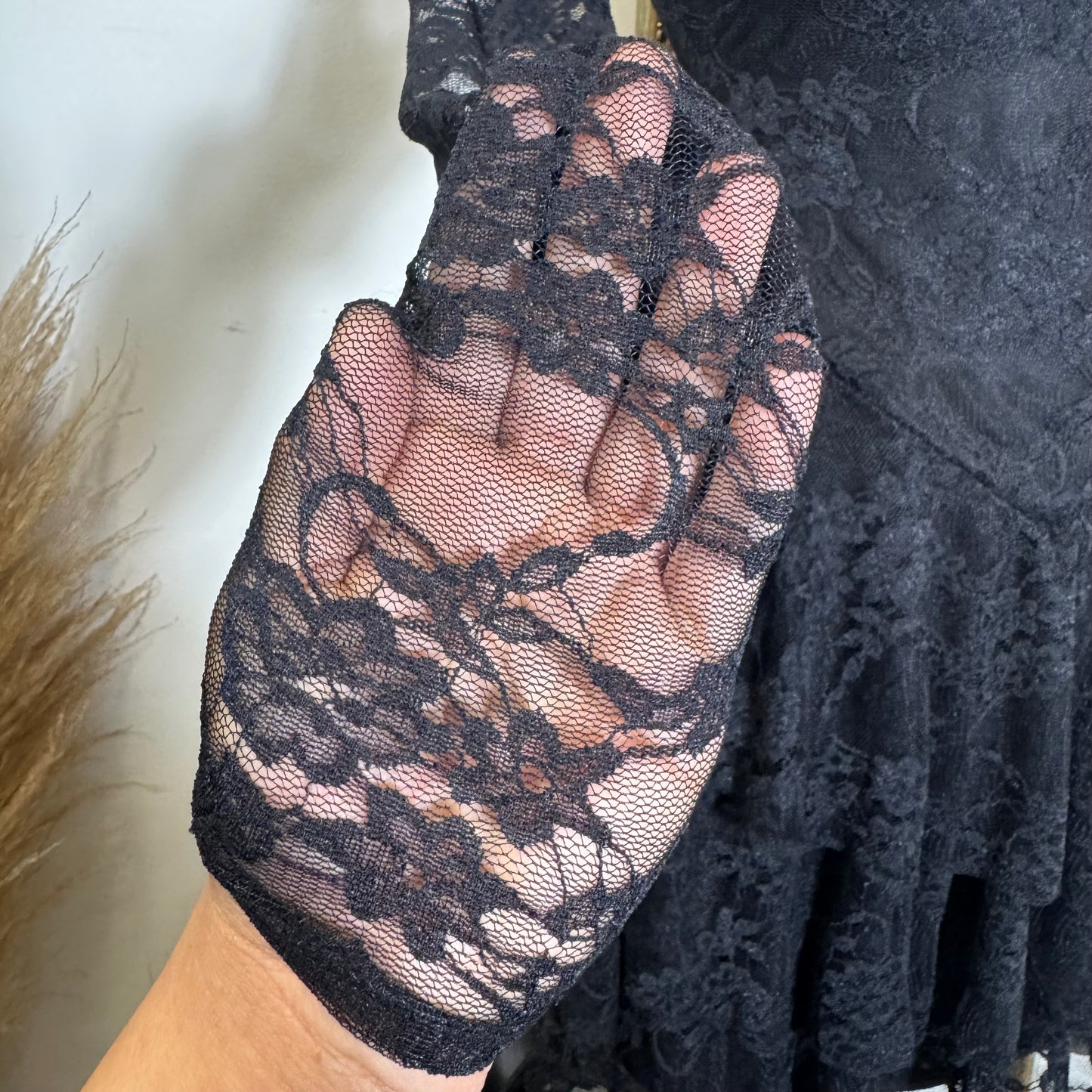 Lace Long Sleeve Ruffle Layered Mini Dress-Black