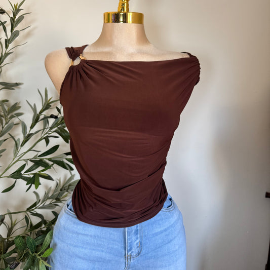Asymmetrical  Top with Gold Detail -Brown