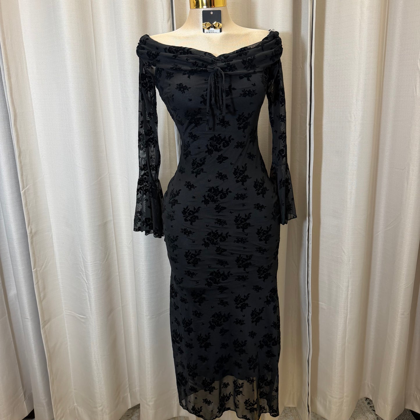 Flocked Long Sleeve Mesh off shoulder maxi Dress-Black/Black