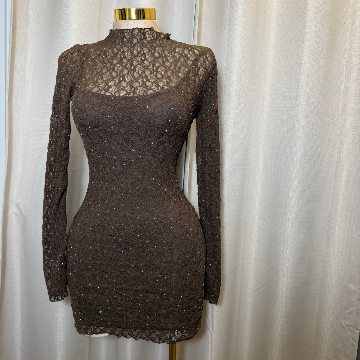 Long Sleeve Rhinestone Lace Dress-Brown
