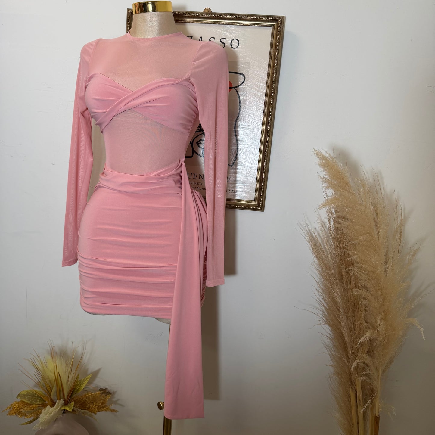 Solid Fabric with Mesh Match Mini Dress-Pink