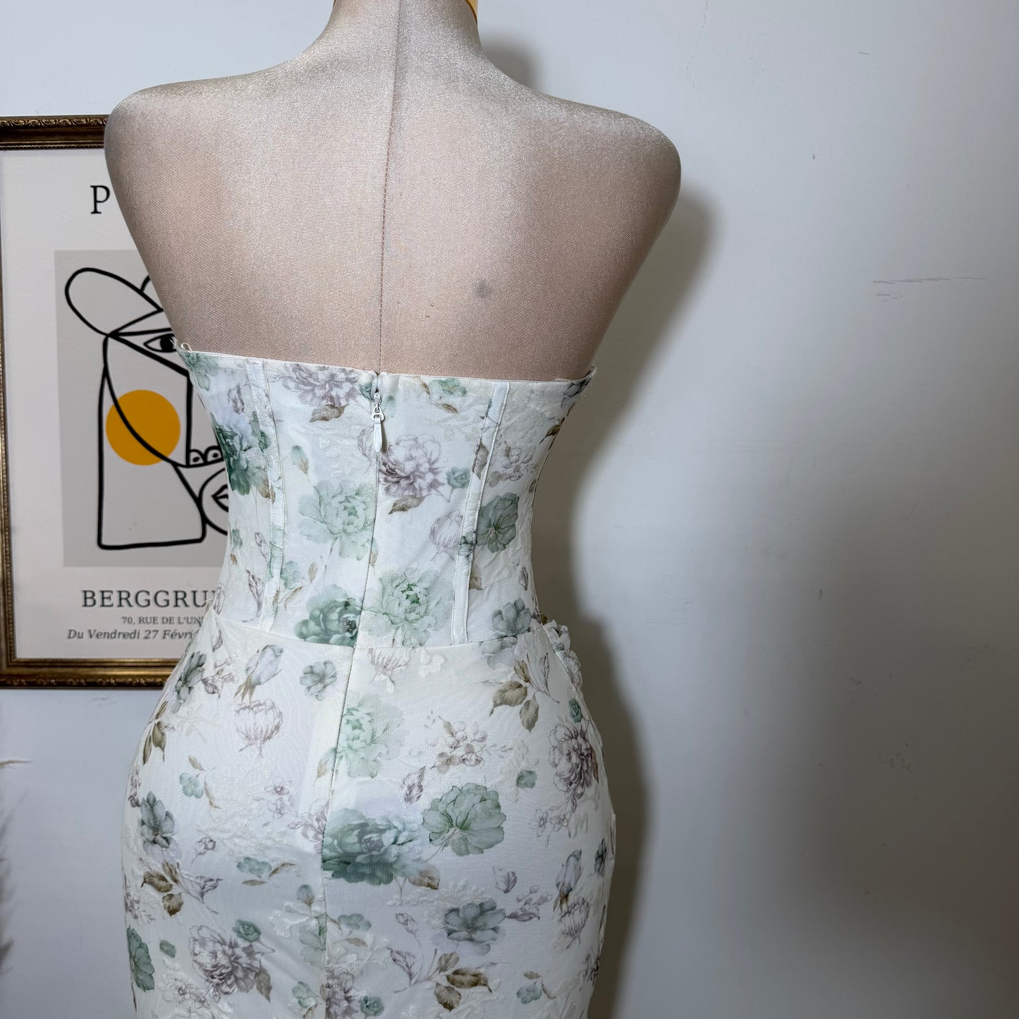 Strapless Floral Print Corset Midi Dress-Green Multi