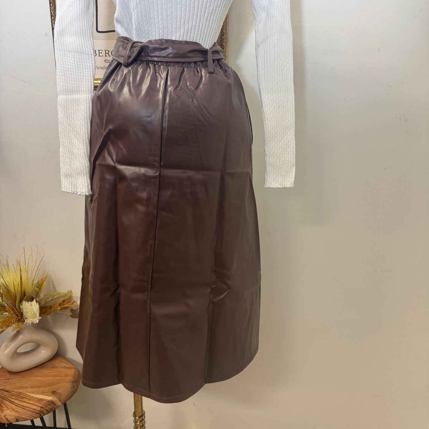 Pu Belted A Line Skirt-Brown
