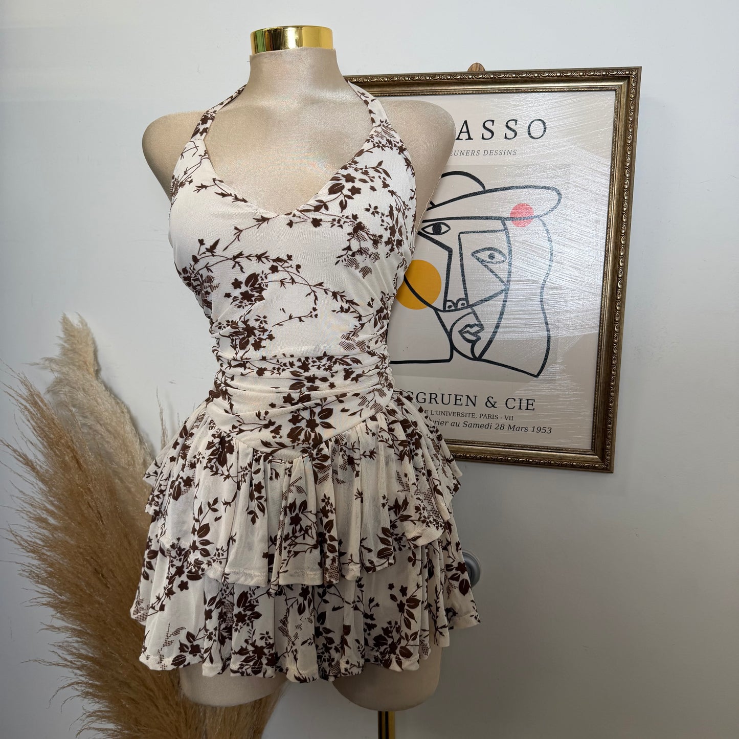 Floral Halter Double Layer Ruffle Mini Dress-Cream