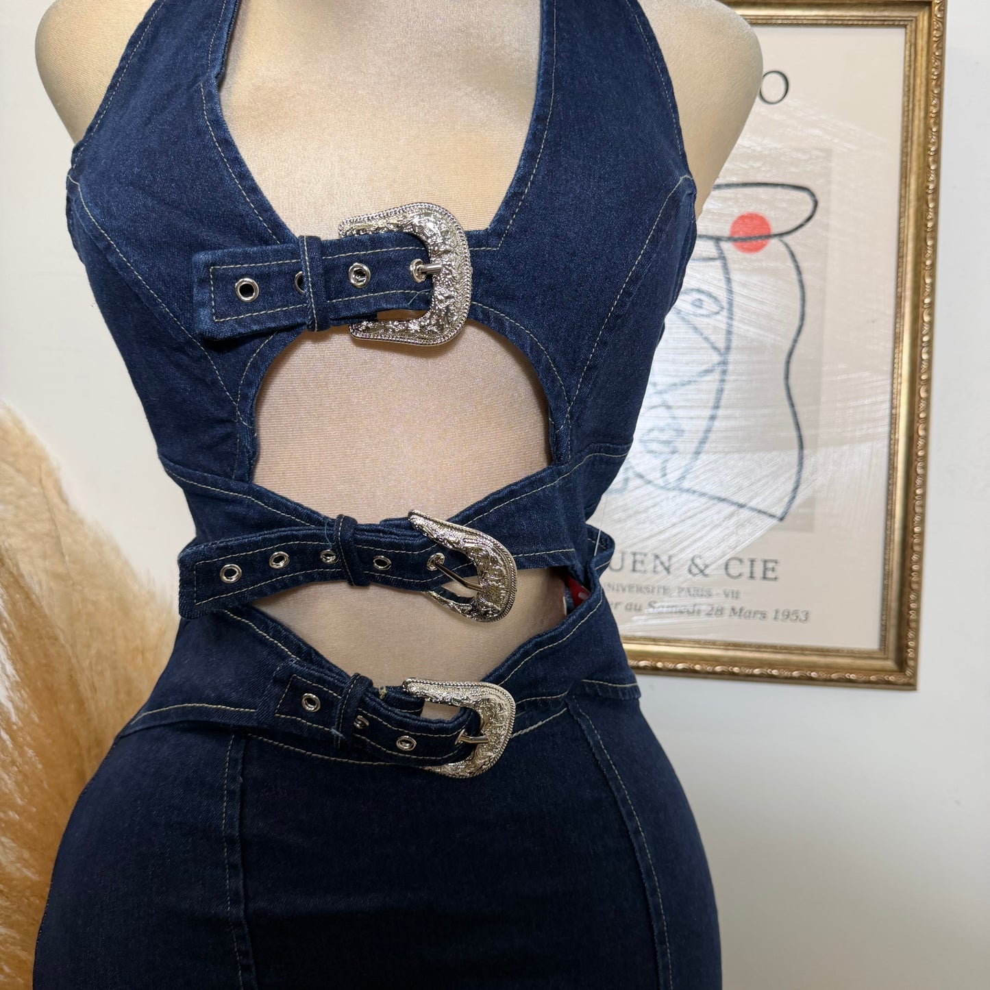 Buckle Detail Midi Dress-Navy