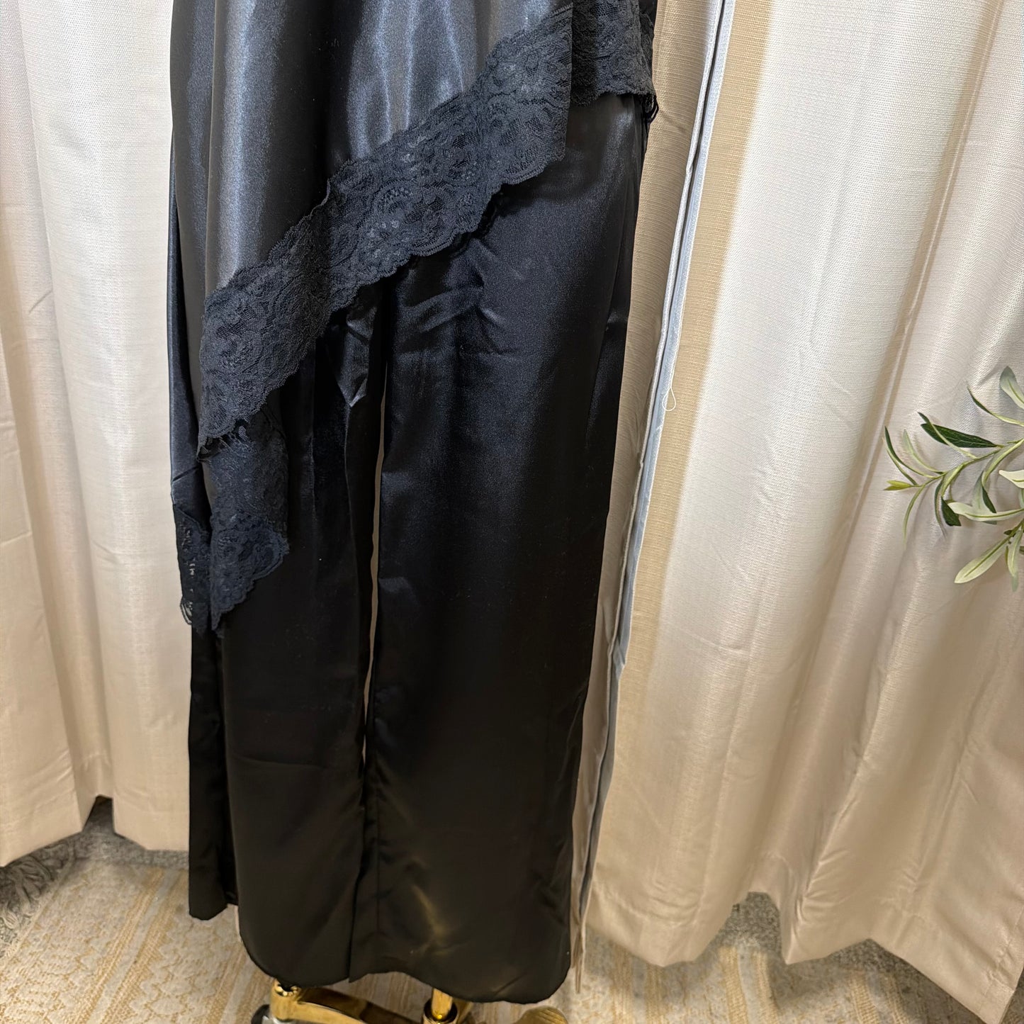 Asymmetrical Lace Top and Satin Pant Set-Black
