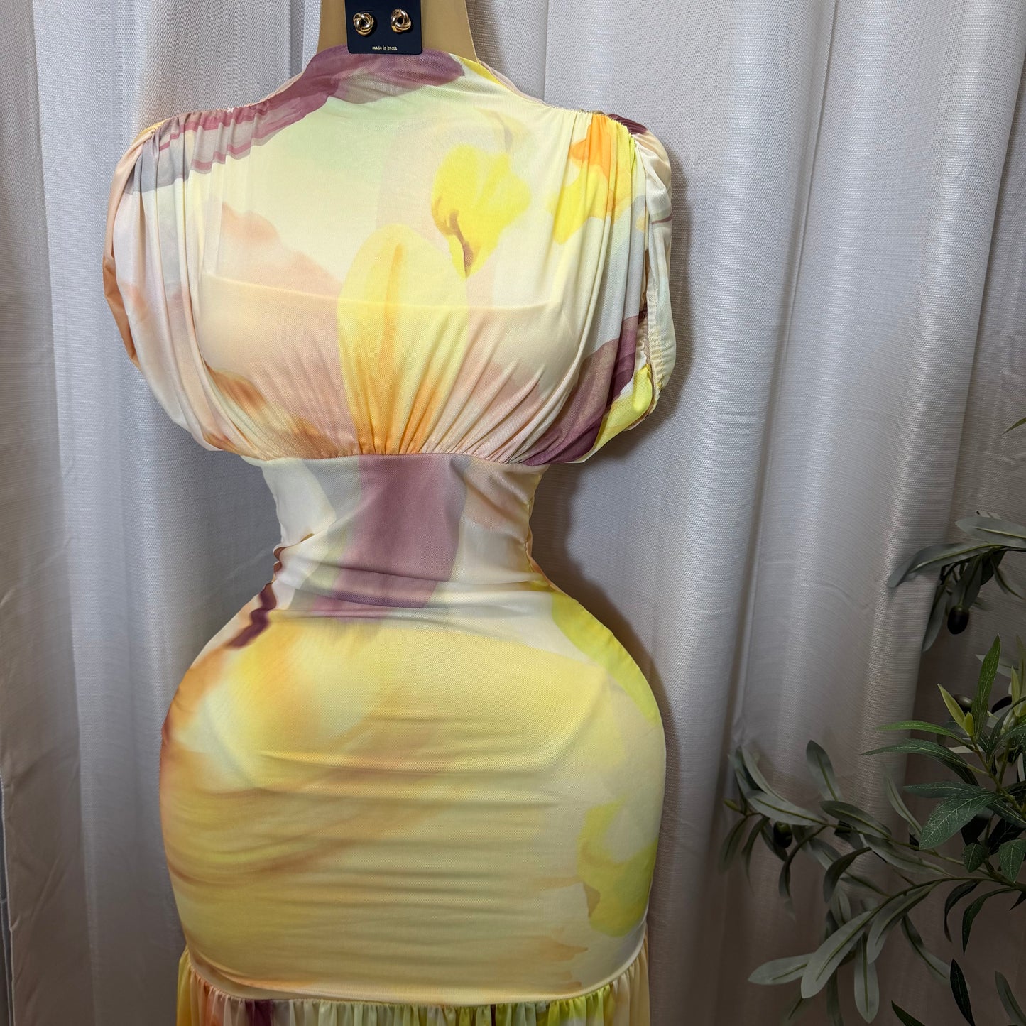 Mesh & Knit Mix Long Dress-Yellow Print
