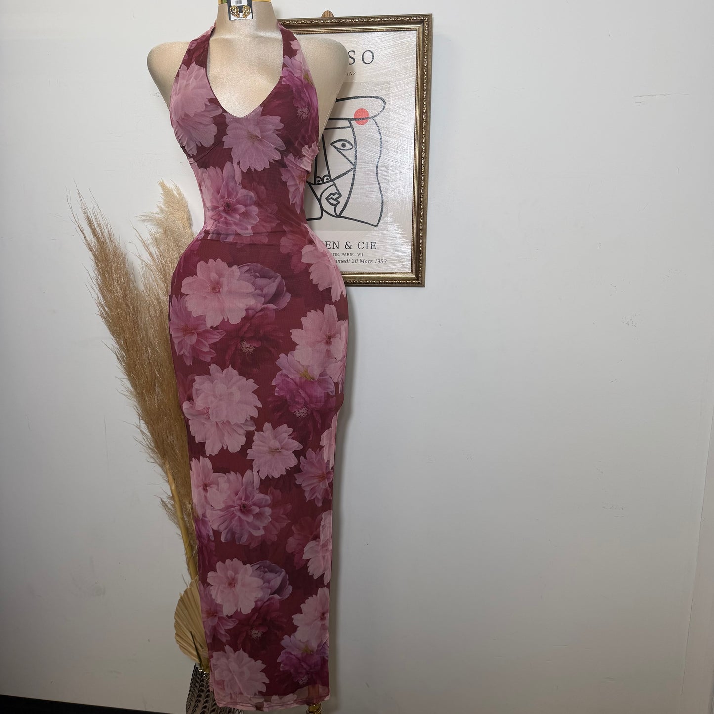 Mesh Print Halter Neck Back slit Maxi Dress-Mauve