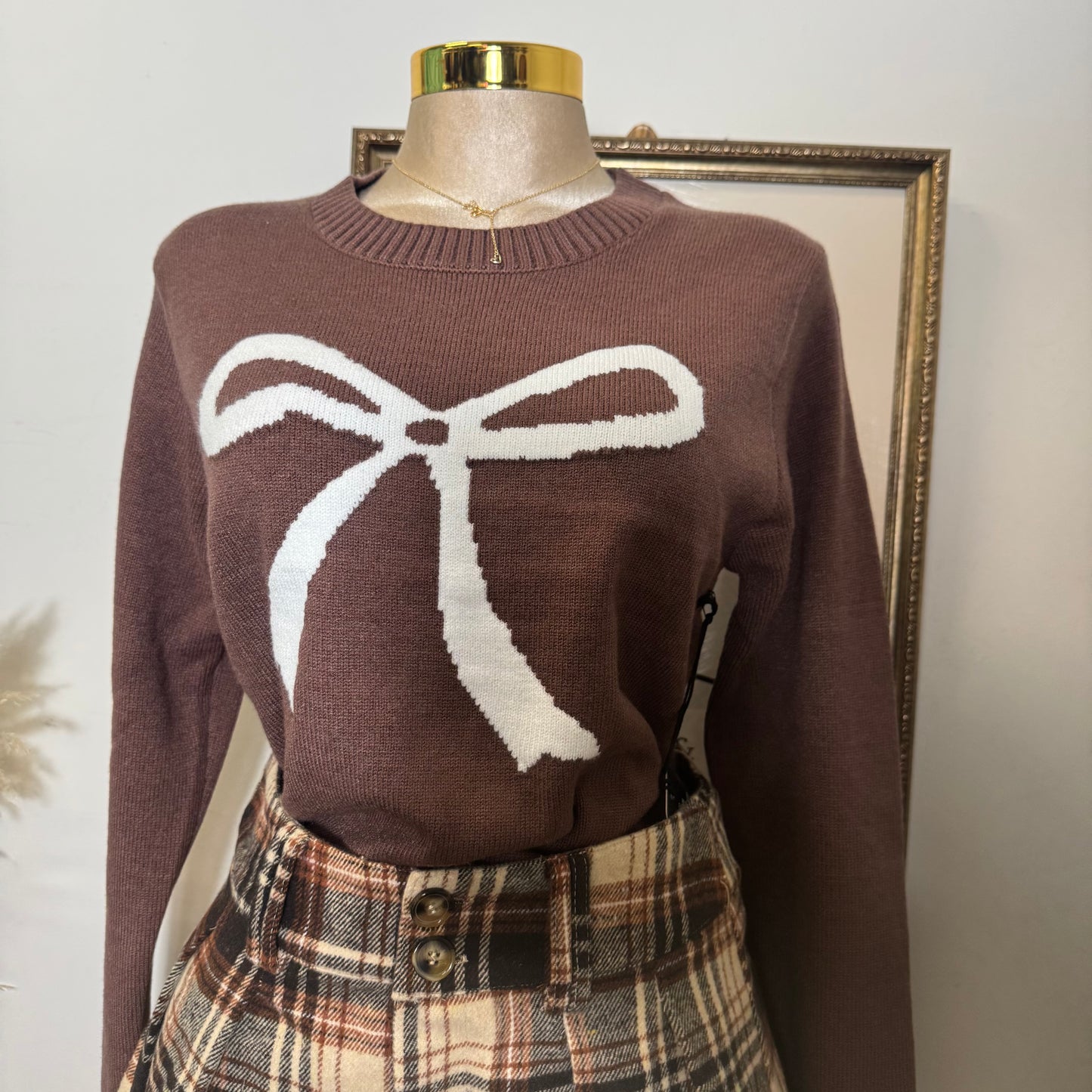 Ribbon Crew Neck Sweater Top-Chocolate