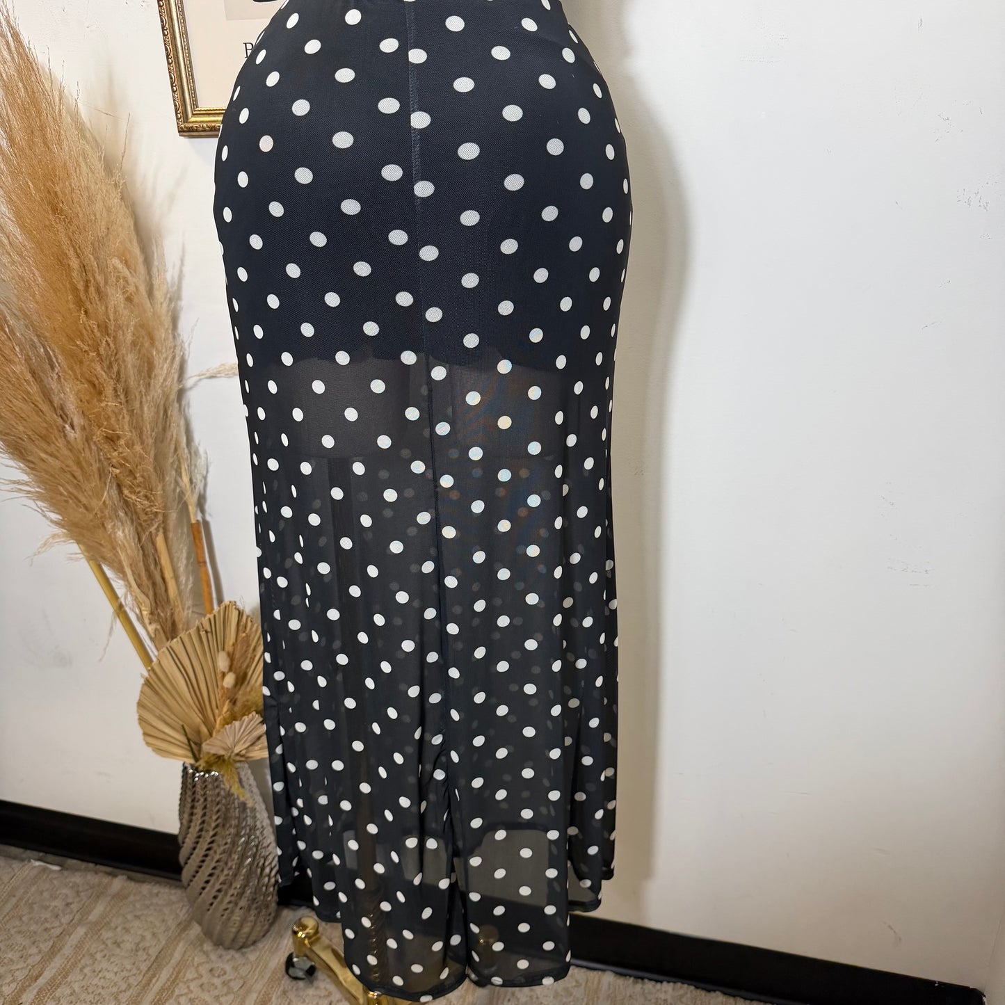 Polka DoT Mesh Print Twist Cami Top & Slit Maxi Skirt-White/Black