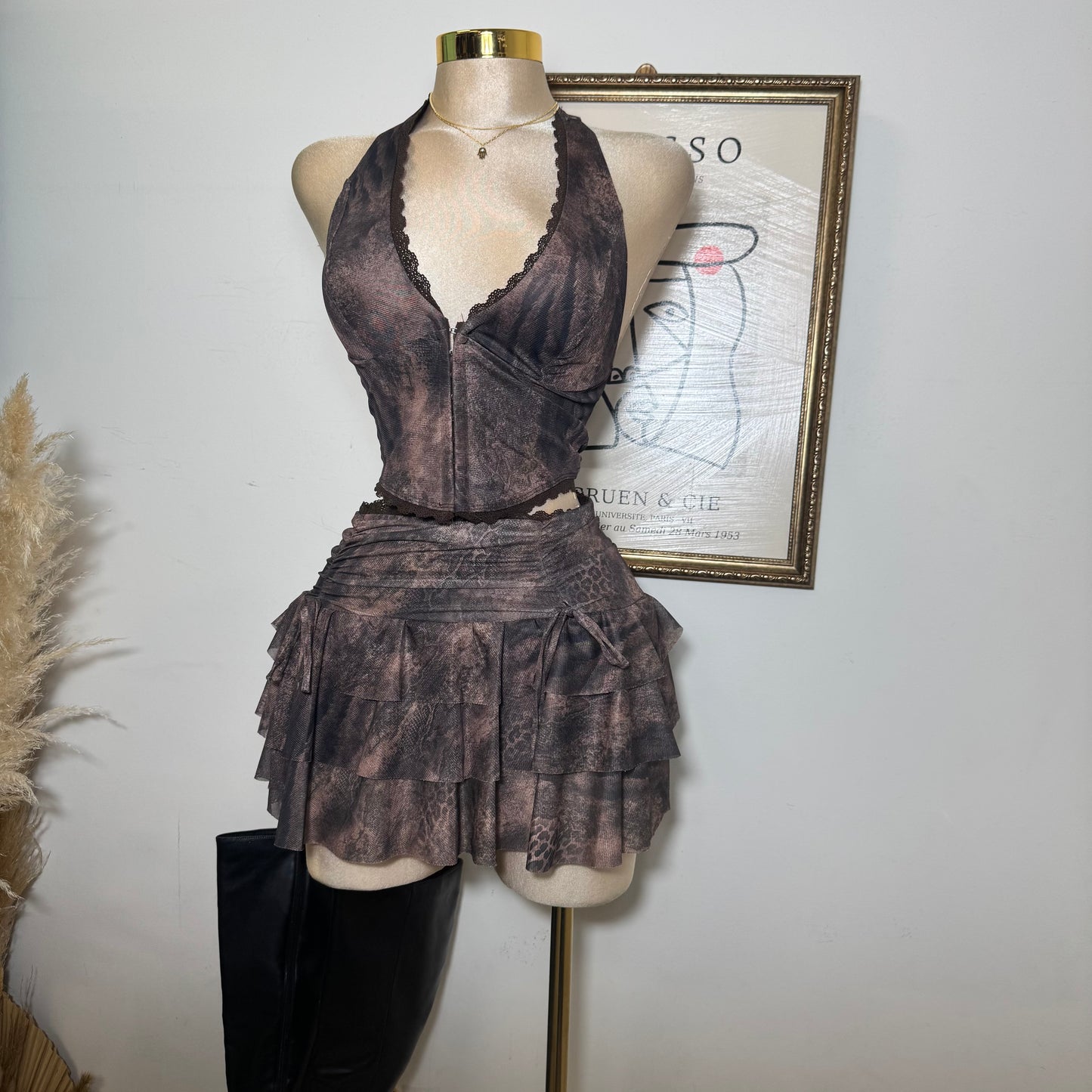 Printed Halter Top and Skirt Set-Chocolate