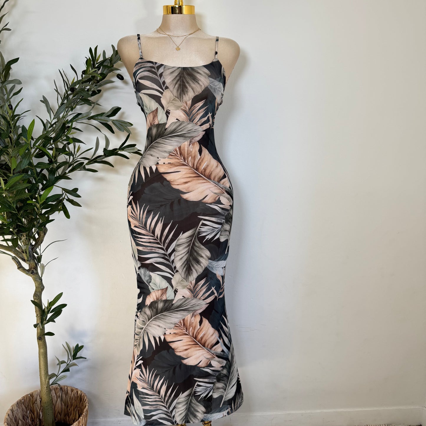 Palm Print Maxi Mermaid Dress-Green