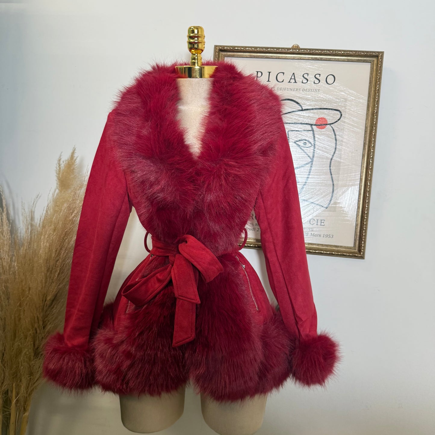 Dynasty Luxe Fur-Trimmed Coat Red