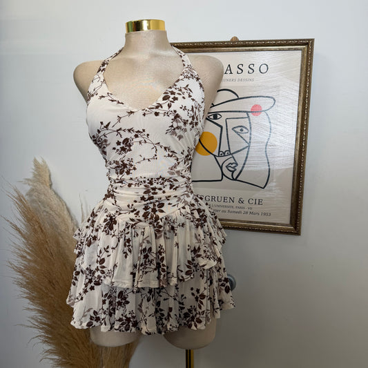Floral Halter Double Layer Ruffle Mini Dress-Cream
