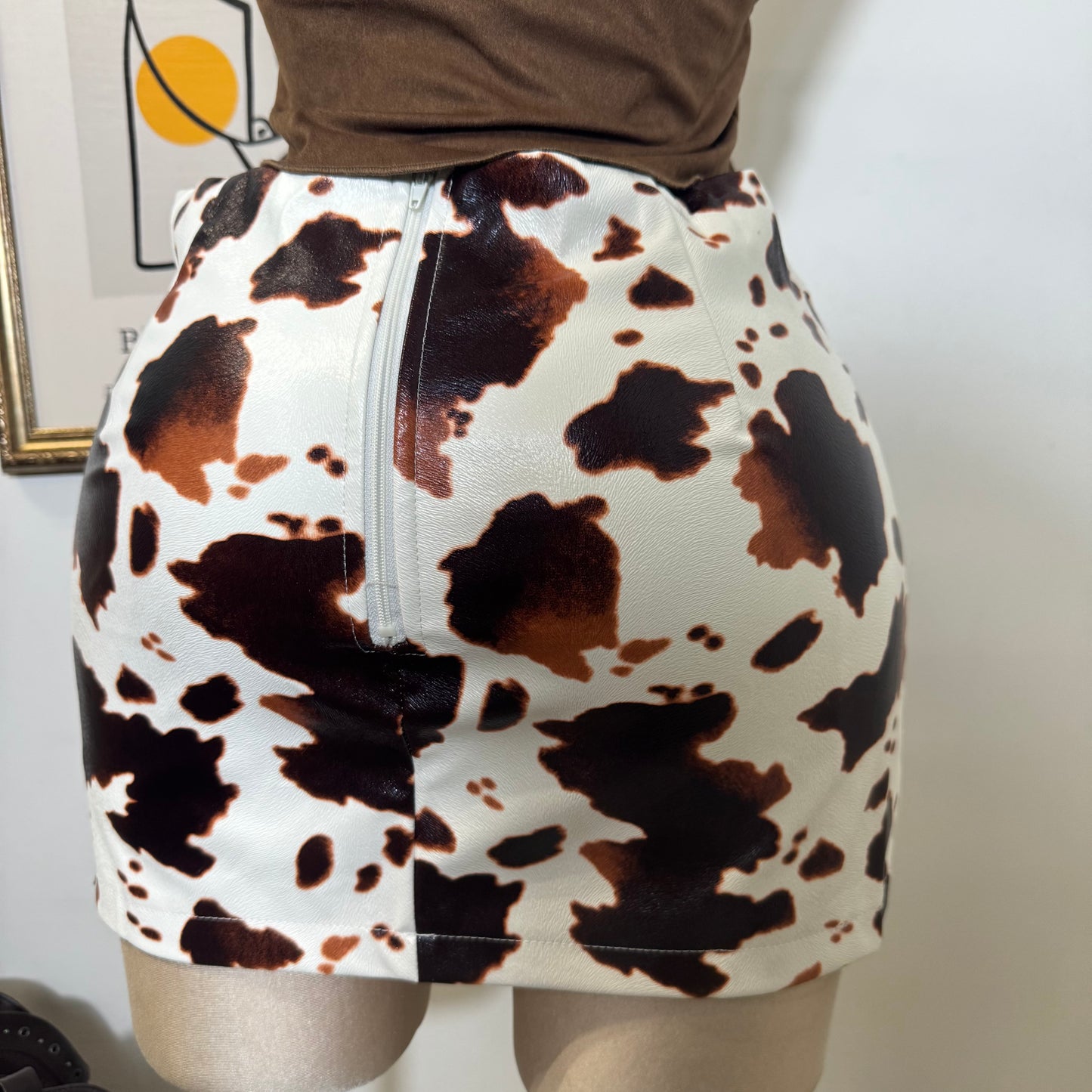 Cow Print Faux Leather Mini Skirt-Cow Print