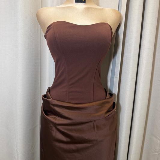Satin Strapless Sweetheart Neckline Cowl Hip lace Maxi Dress-Brown