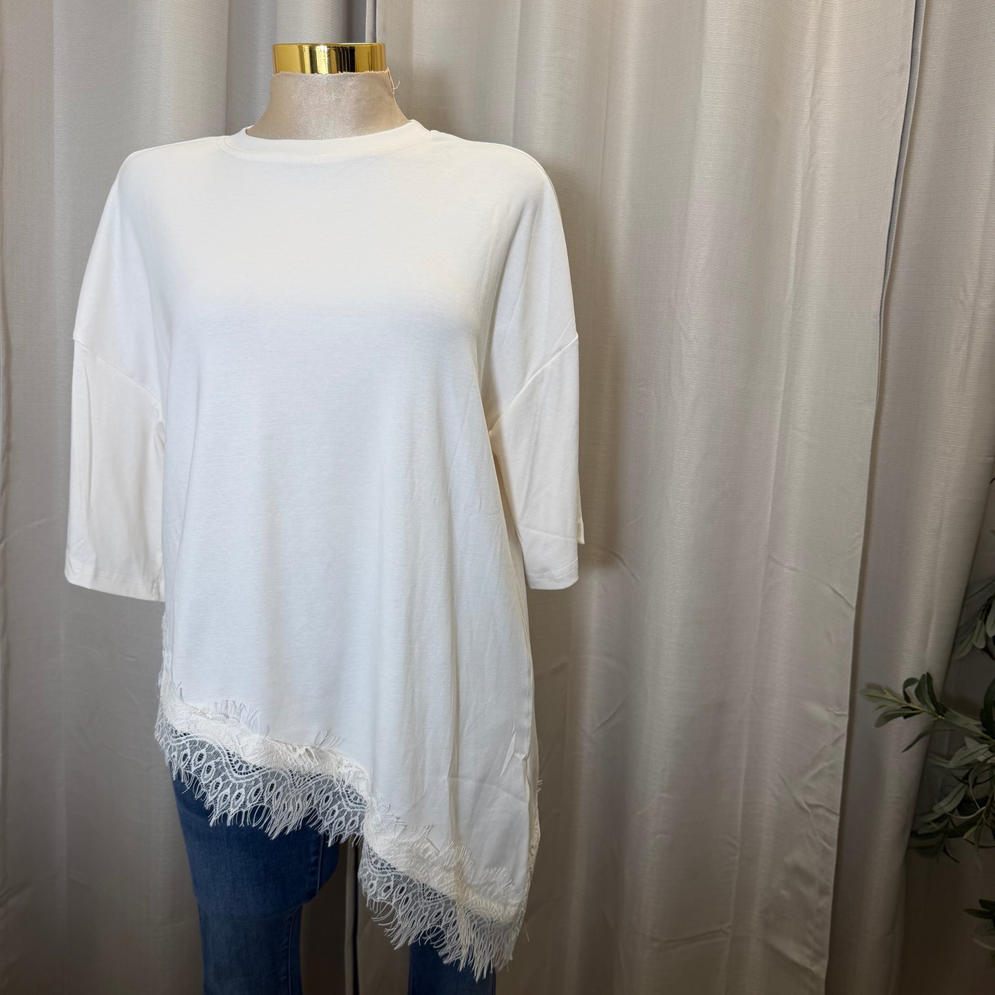 Short sleeve Lace Detail Oversize  Top-Ivory