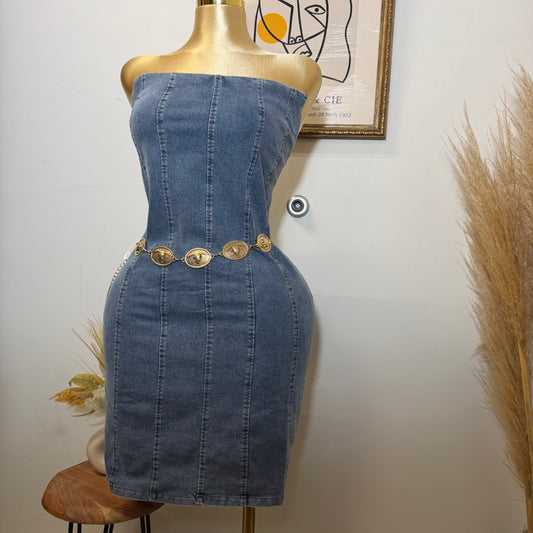 Denim Strapless Denim Dress PL-Blue
