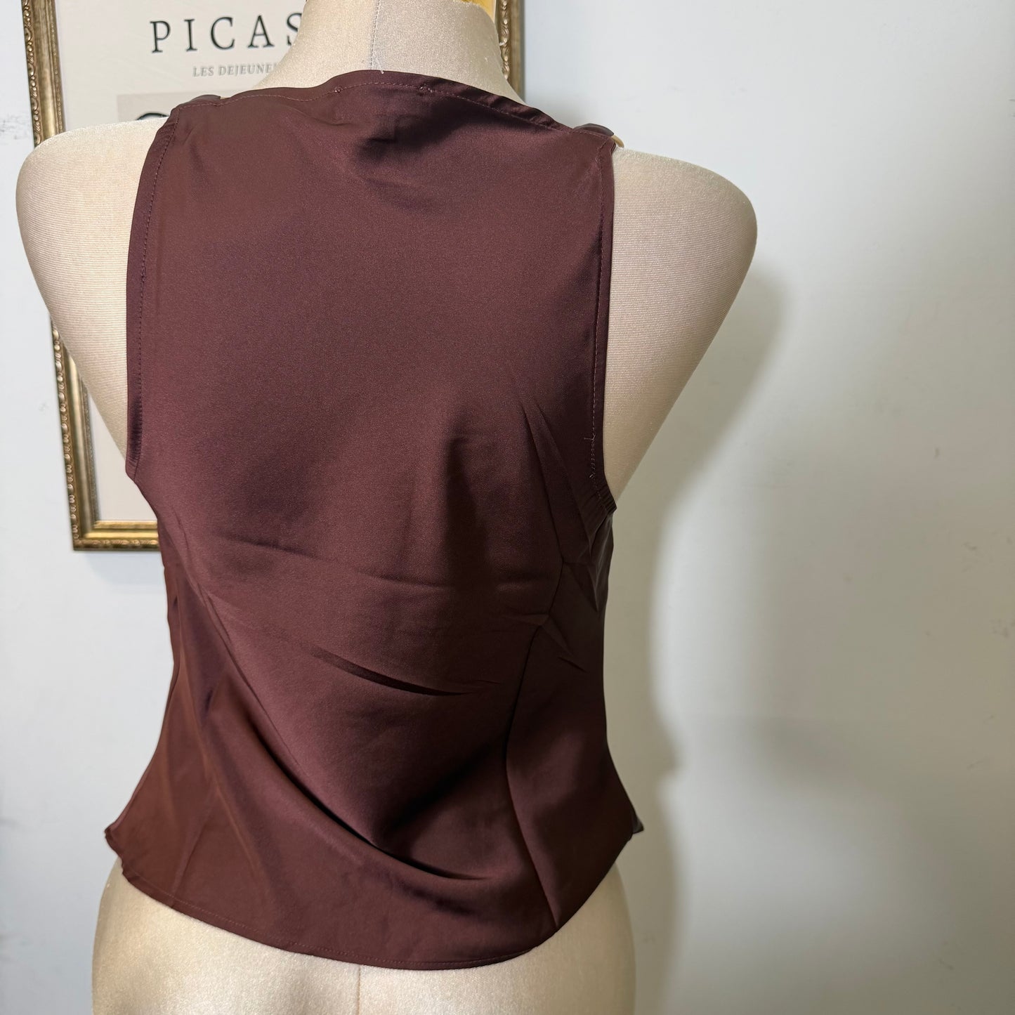 Satin Cowl-Neck Top w/ Gold Ring Details-Brown