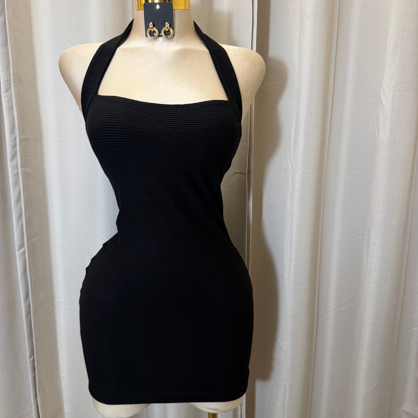Halter Ribbed mini  Dress -Black