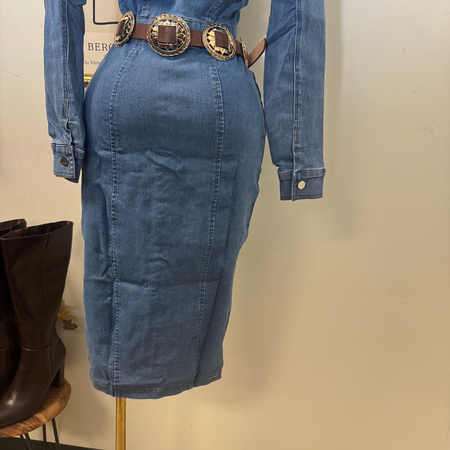 Denim Button Long Dress-Medium Wash