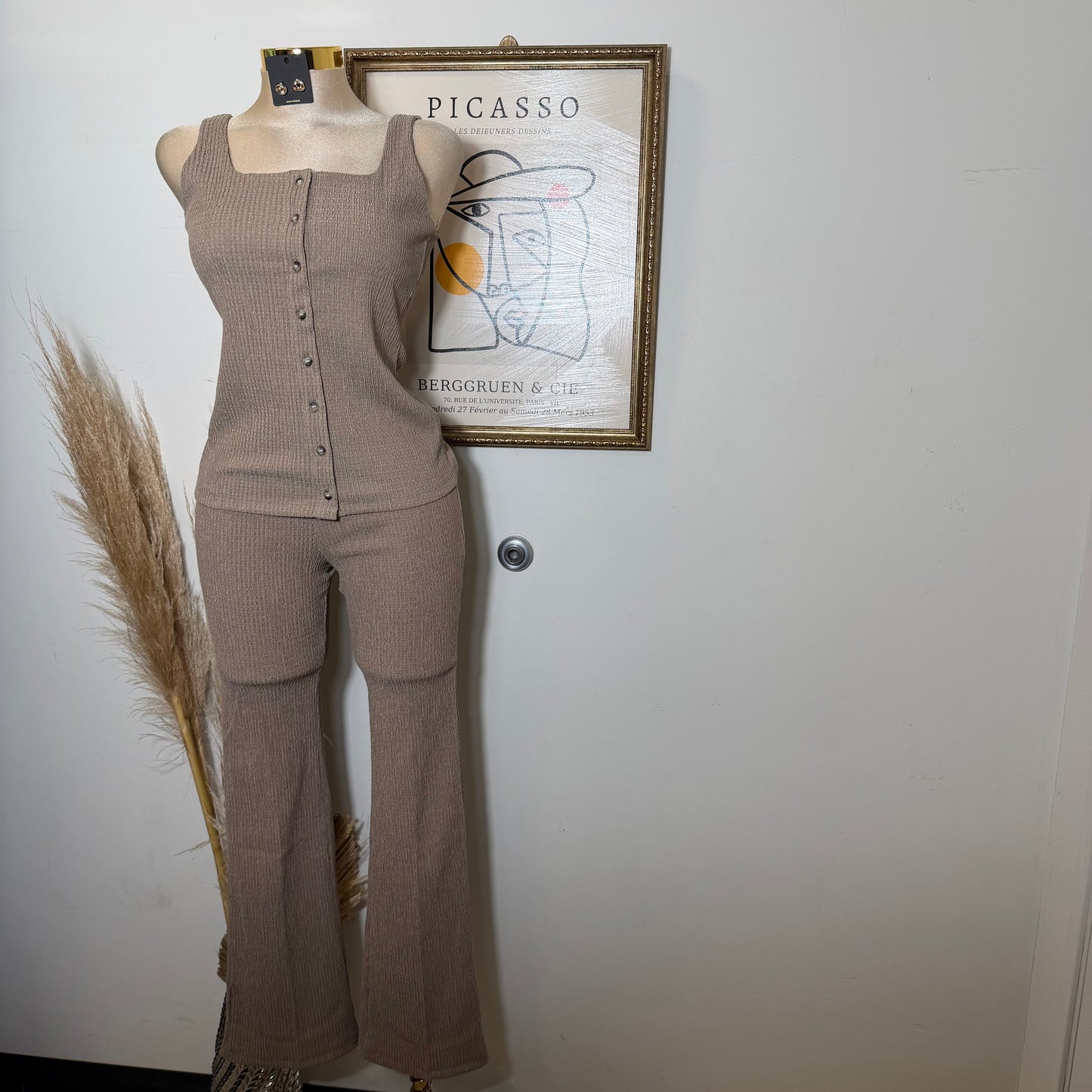 Square neck Vest & Flare Pant set-Khaki