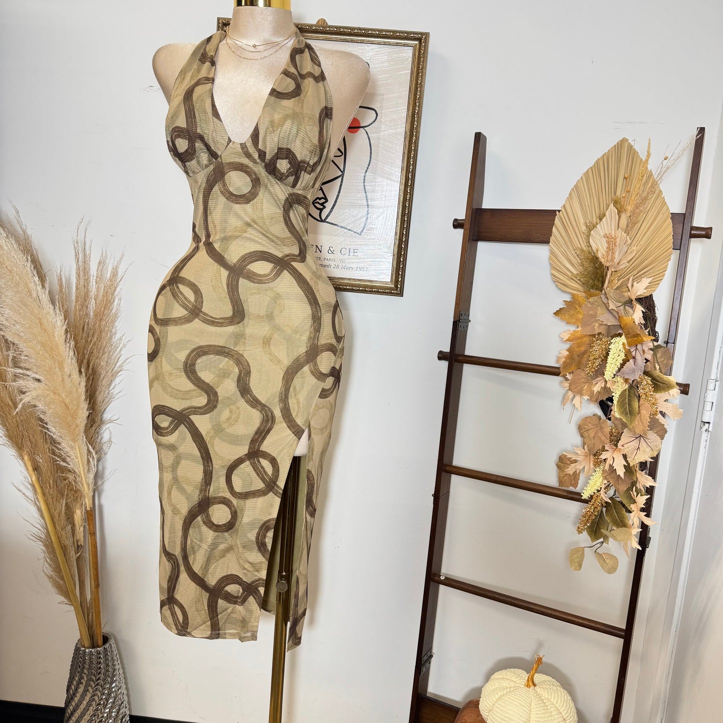 Halter Midi Print Dress-Olive Brown