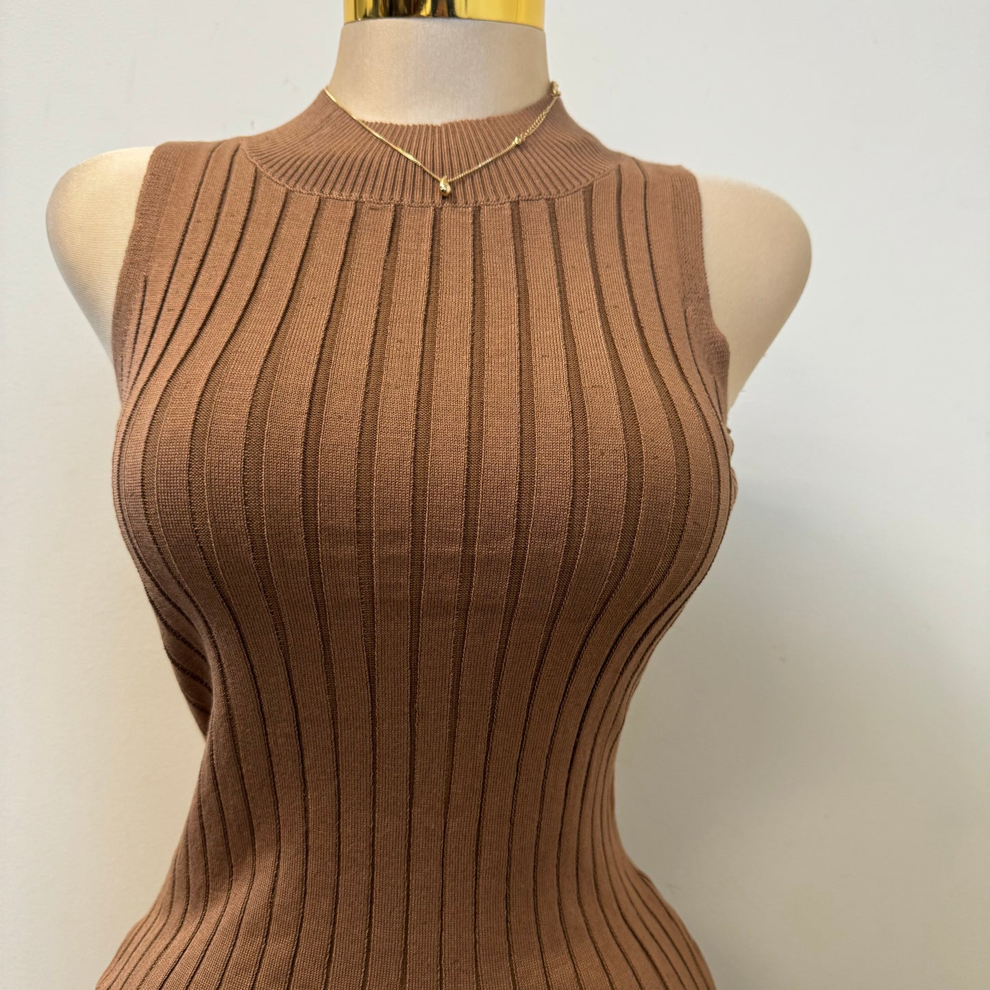 Turtle Neck Sleeveless Sweater Dress-Brown