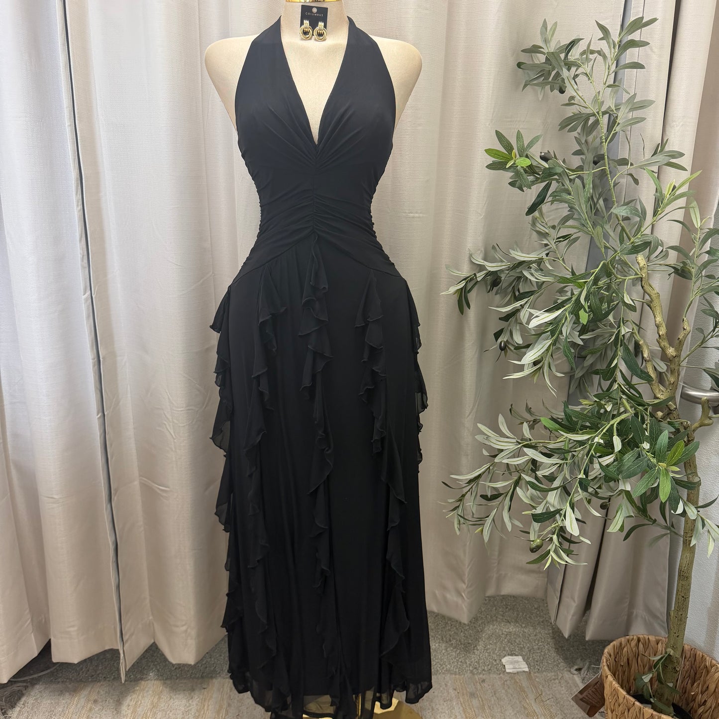 V-NECK HALTER CASCADE RUFFLE MAXI DRESS-Black