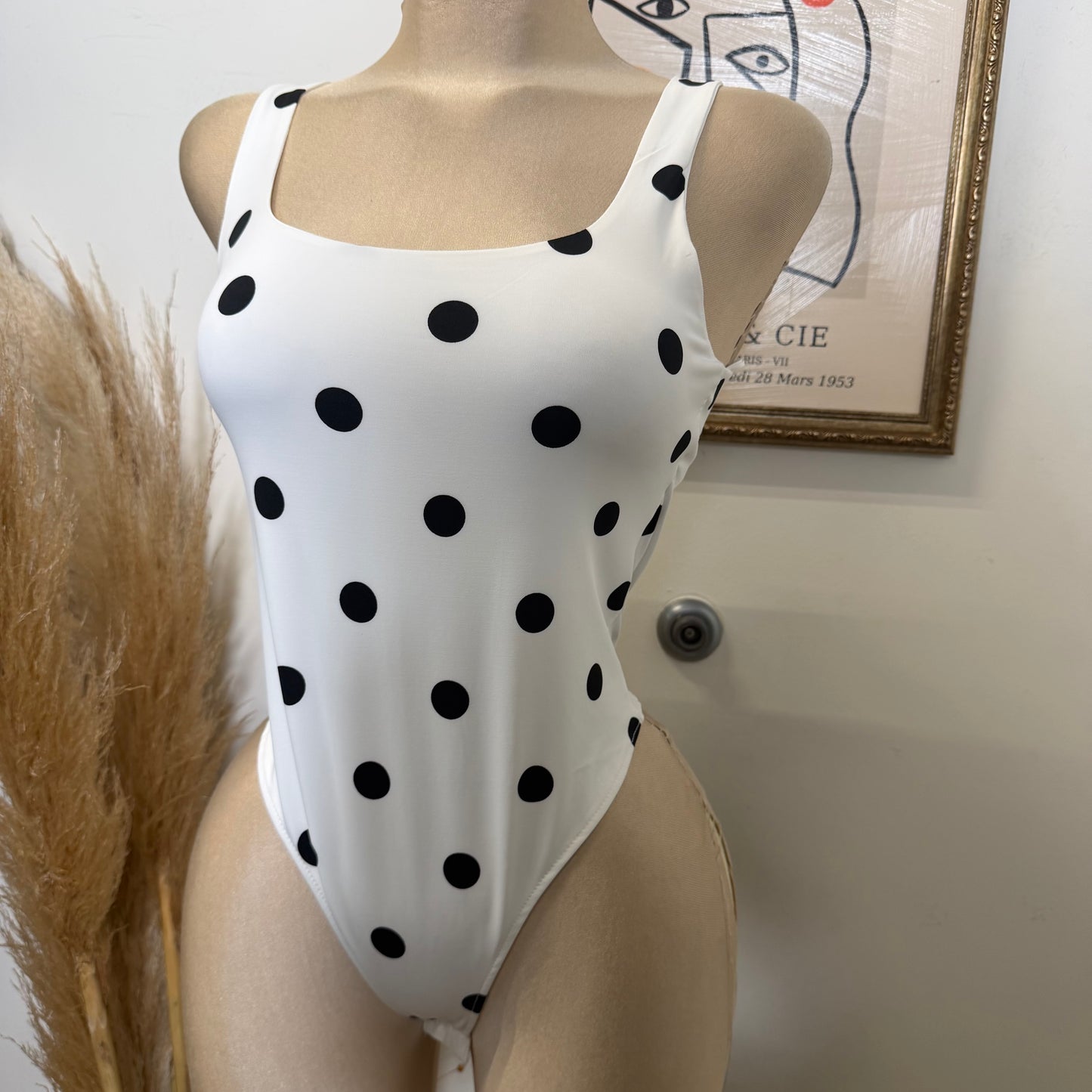 Square neck Polka Dot Bodysuit-White