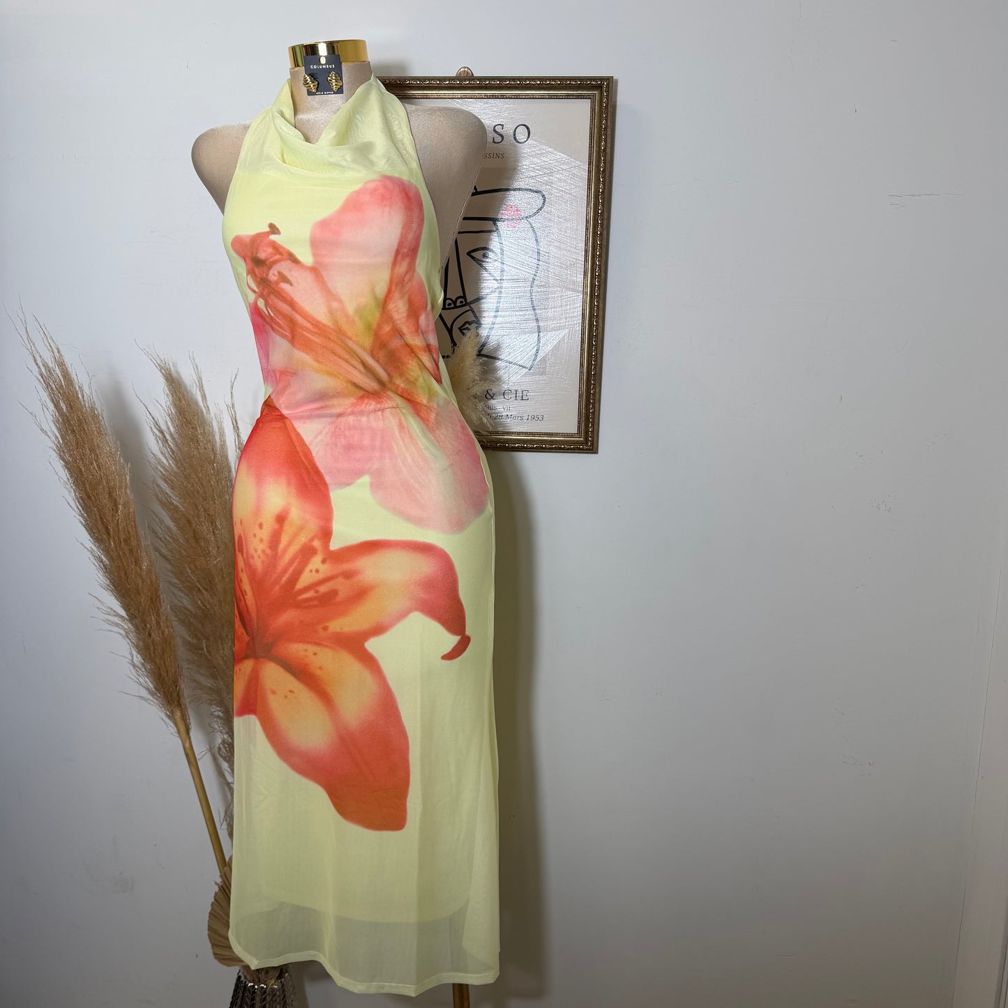 Mesh Tropical Floral Print Halter Neck Button Tie Midi Dress-Yellow