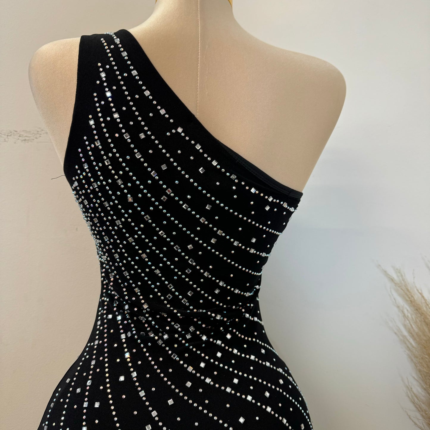 One Shoulder Rhinestone Dress-Black