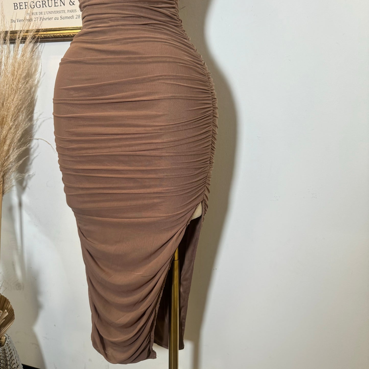 Inara Mesh Twist Halter Neck Midi Dress-Brown