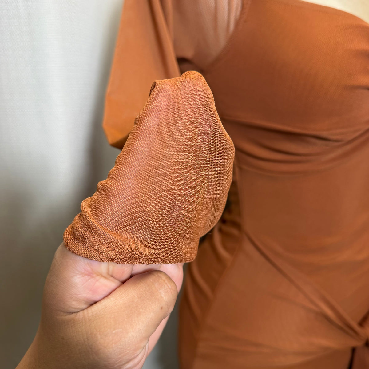 Long Sleeve Off Shoulder Mesh Dress-Brown
