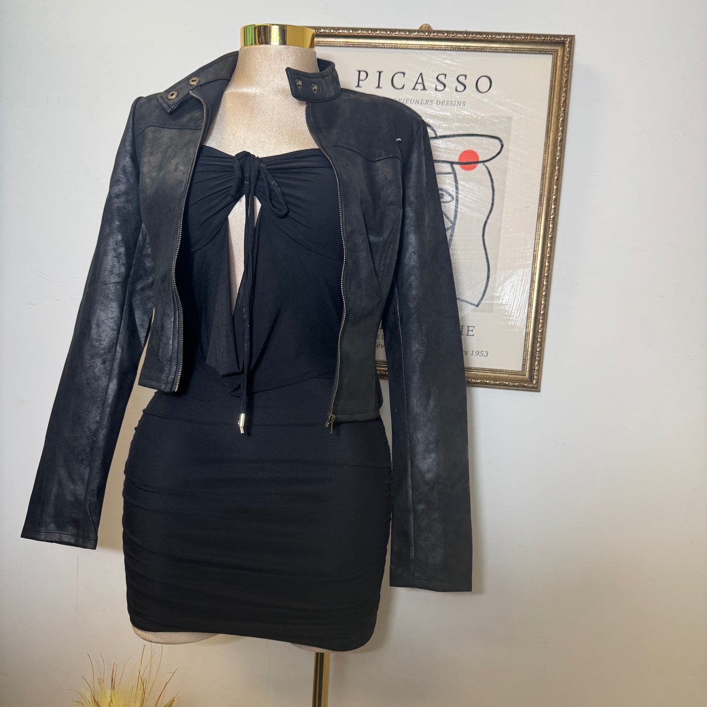 Suede Biker Jacket With Zipper-Black