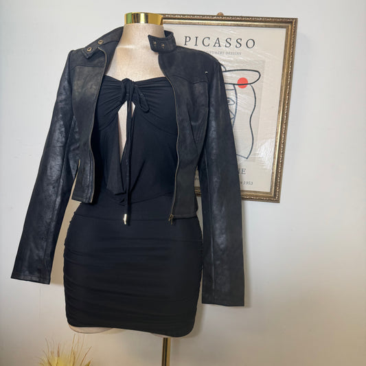 Suede Biker Jacket With Zipper-Black