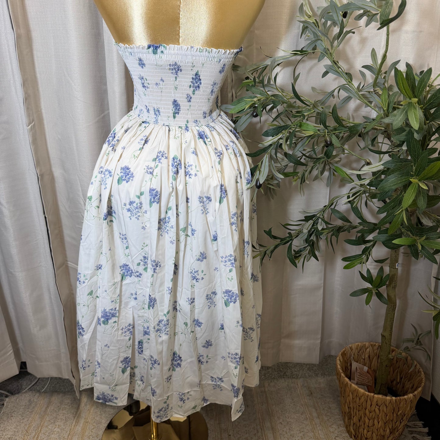 Strapless Floral Midi Dress-White/Blue
