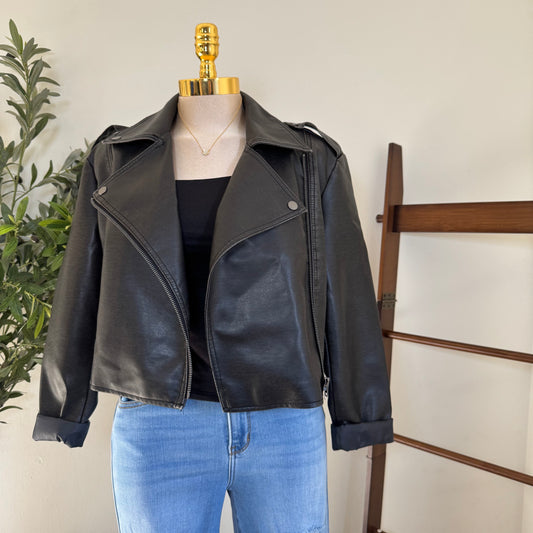 Vintage Wash Faux Leather Motor Jacket-Black