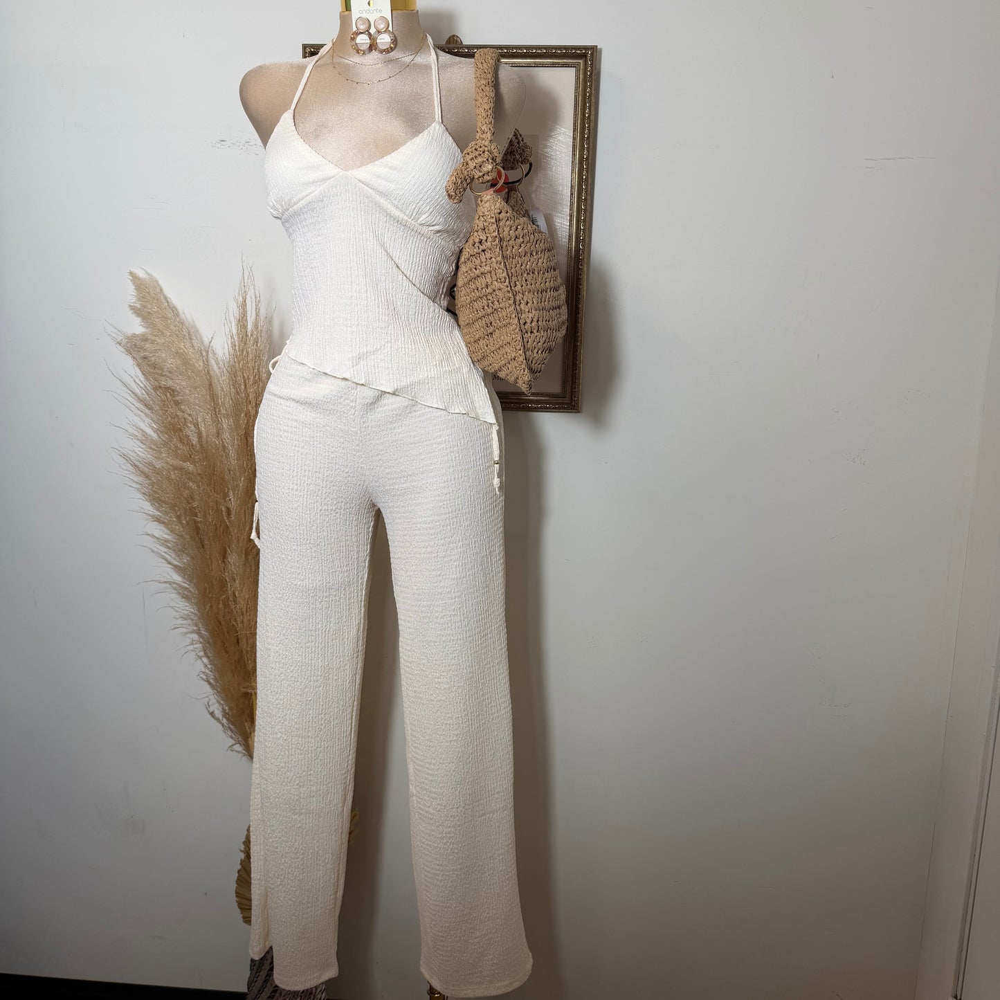 Asymmetrical hem Halter Top Wide leg Set-Ivory