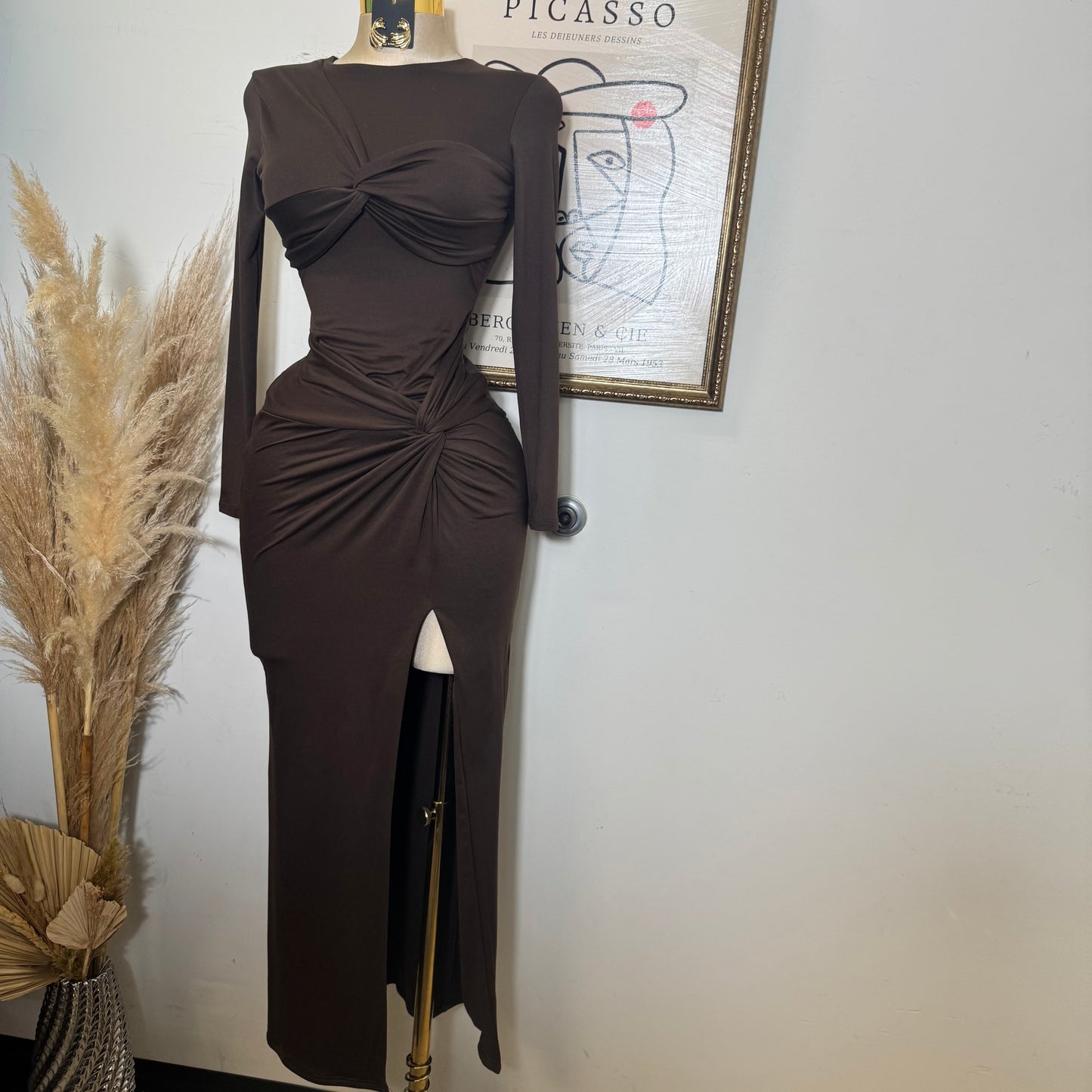 Long sleeve Soft Material Dress-Brown