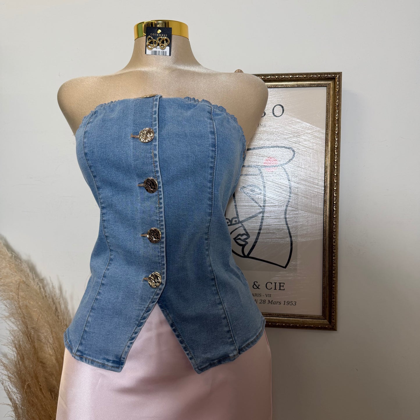 Denim Tube Gold Button Top-LT Blue